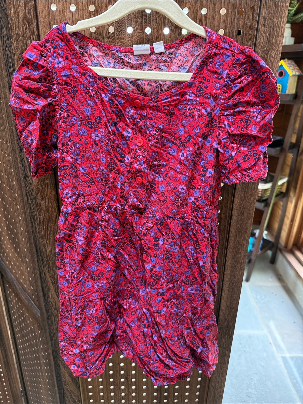 GAP Red Floral Puff-Sleeve Button-Front Blouse